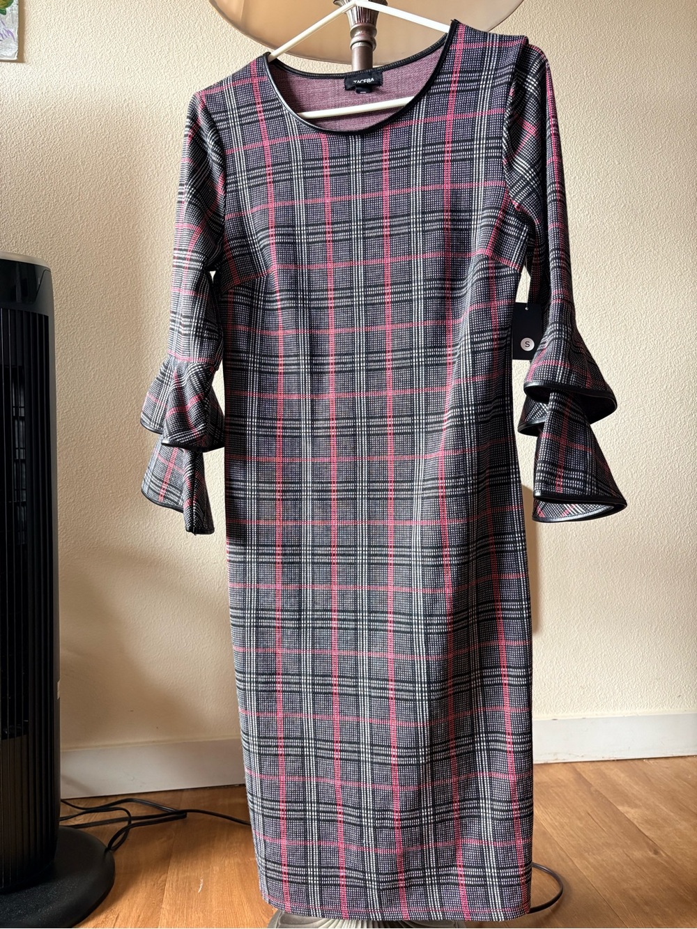 NWT TACERA Plaid Bell Sleeve Shift Dress Faux Leather Trim Grey Pink Size S